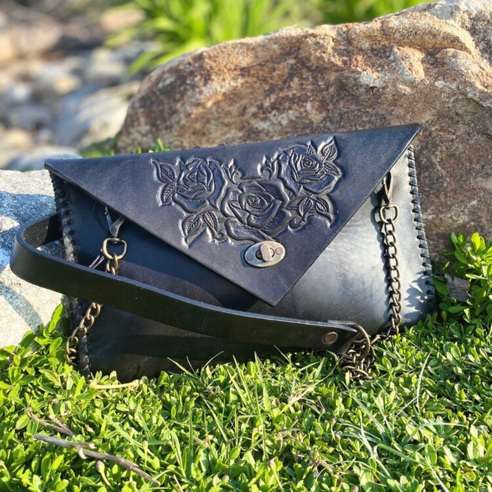 NWOT Black Embroidered Leather Crossbody